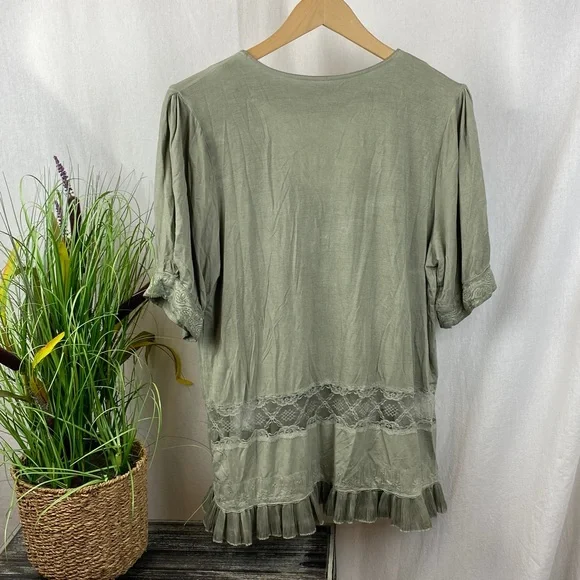 POL Green Crochet Trim Short Sleeve Blouse Top S - Picture 3 of 5